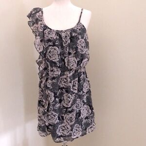 Guess. Floral dress with ruffle shoulder. Black and pink. Medium.
